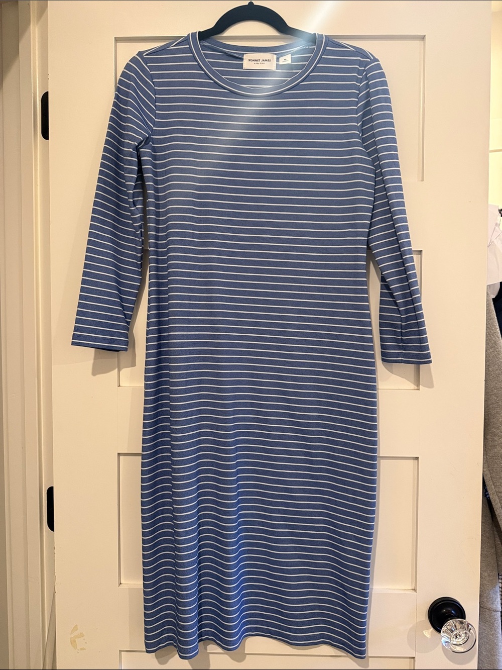Sonnet James striped Blue and White Midi Dress with Three-Quarter Sleeves